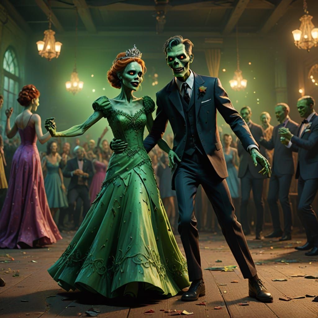 Zombie Prom King and Queen Dancing in Eerie Glow