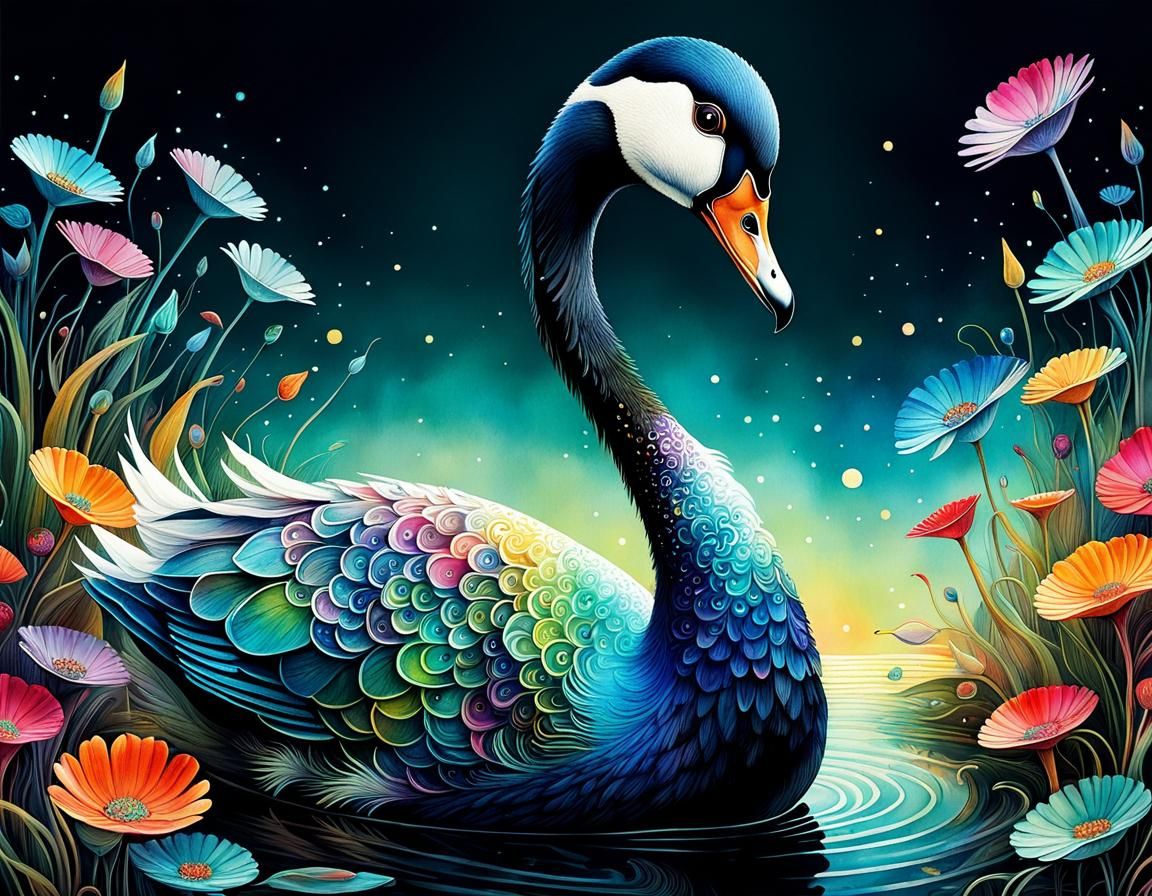 Dreamlike Goose Illustration in Watercolor and Ink