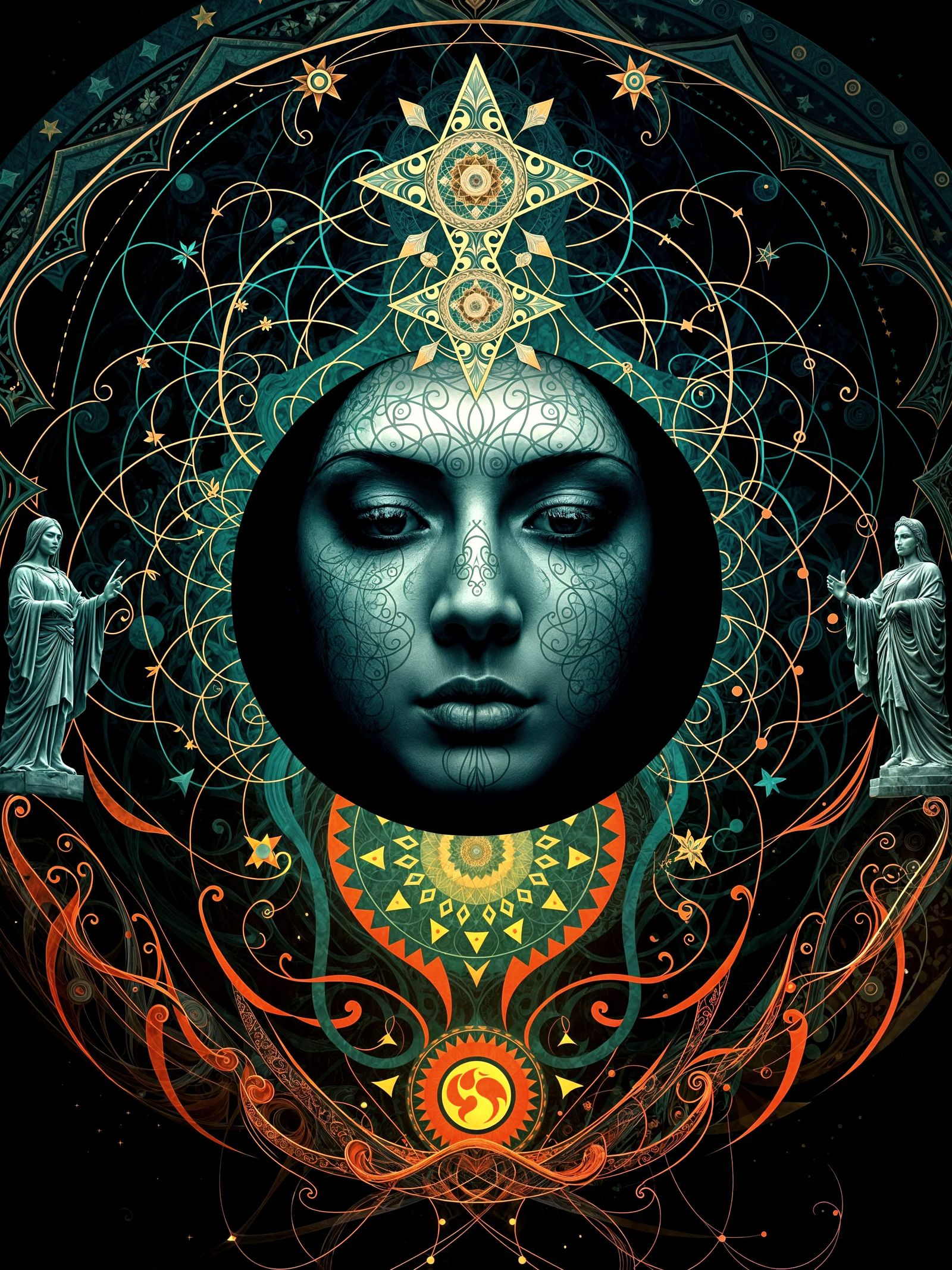 Vibrant Abstract Landscape with Geometric Symbols