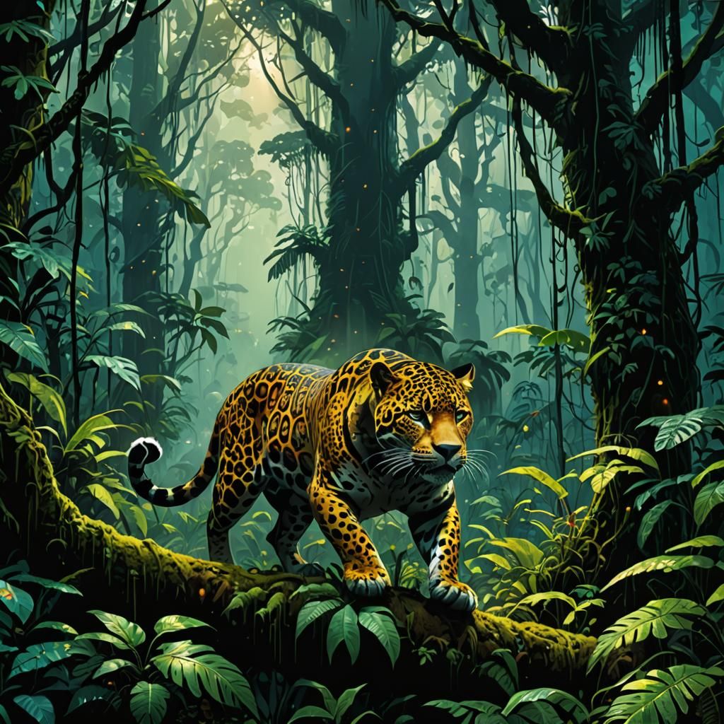 jaguar, mystical atmosphere of misty mornings in the rainfor...