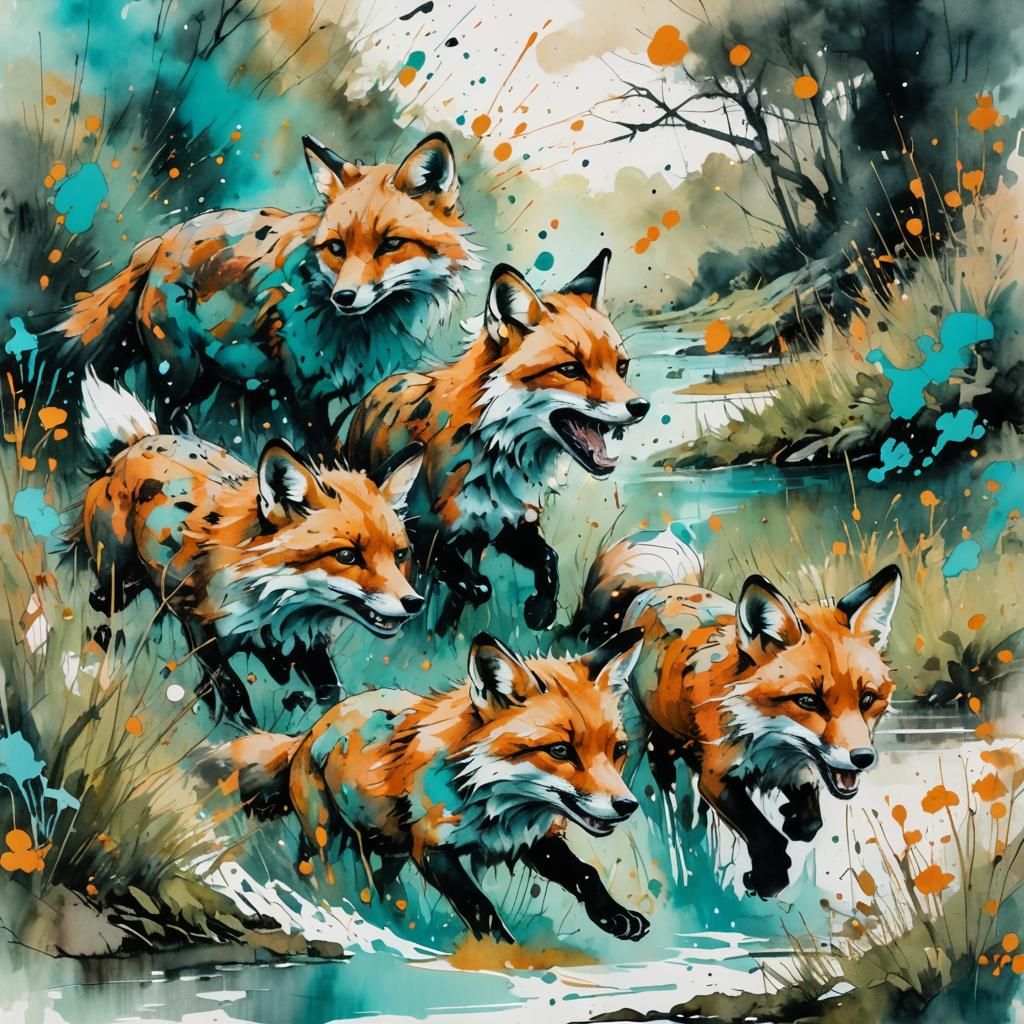 Foxes in Meadow: Abstract Expressionist Watercolor