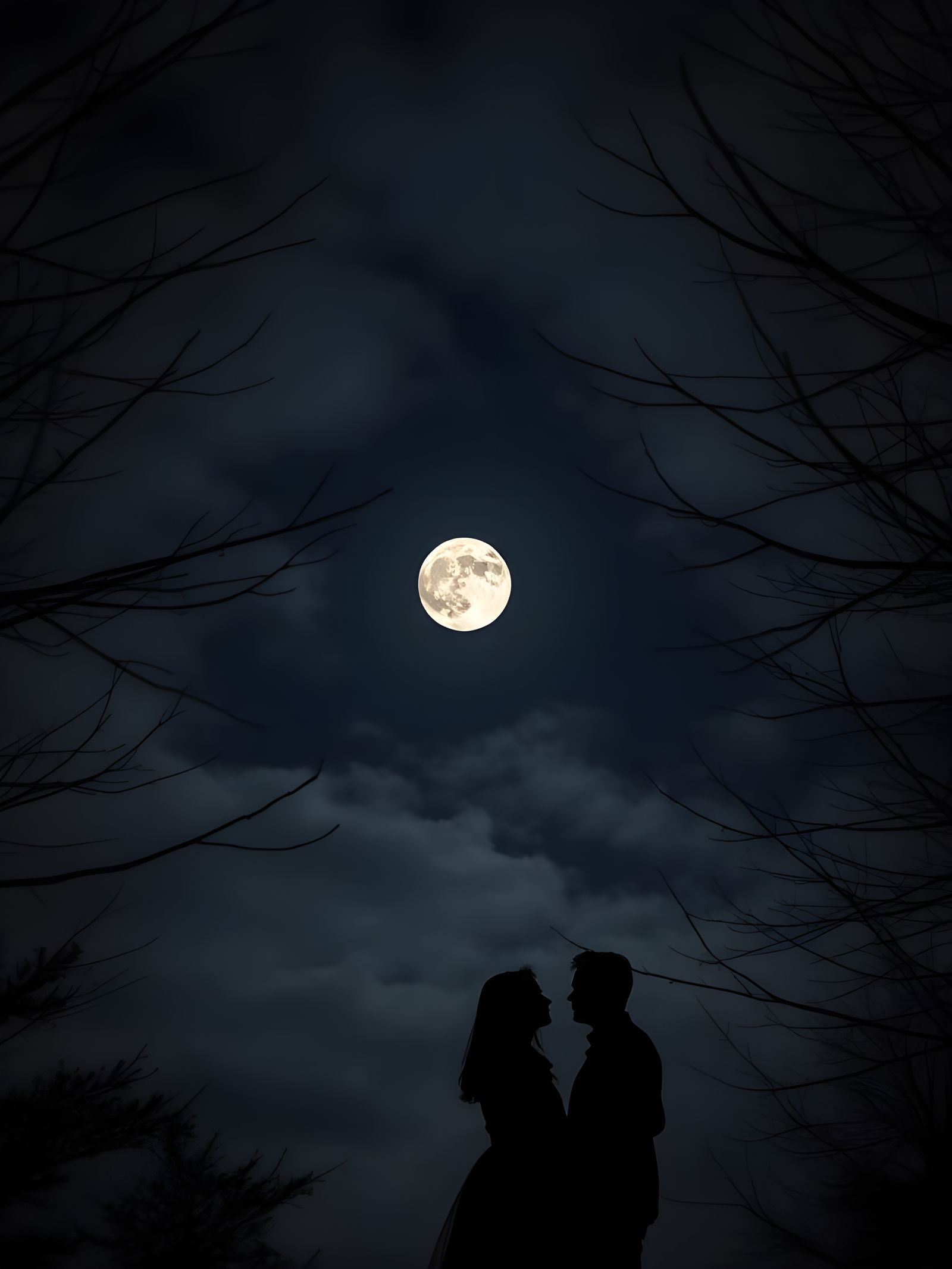 Romantic Silhouette: Lovers Under Autumn Moon