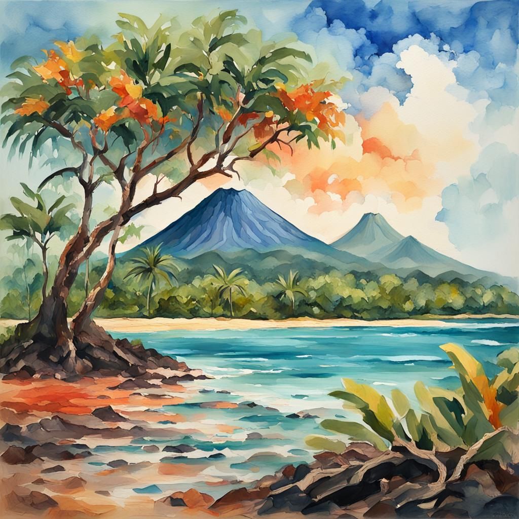 Tropical Island Volcano in Gouache Watercolor Style