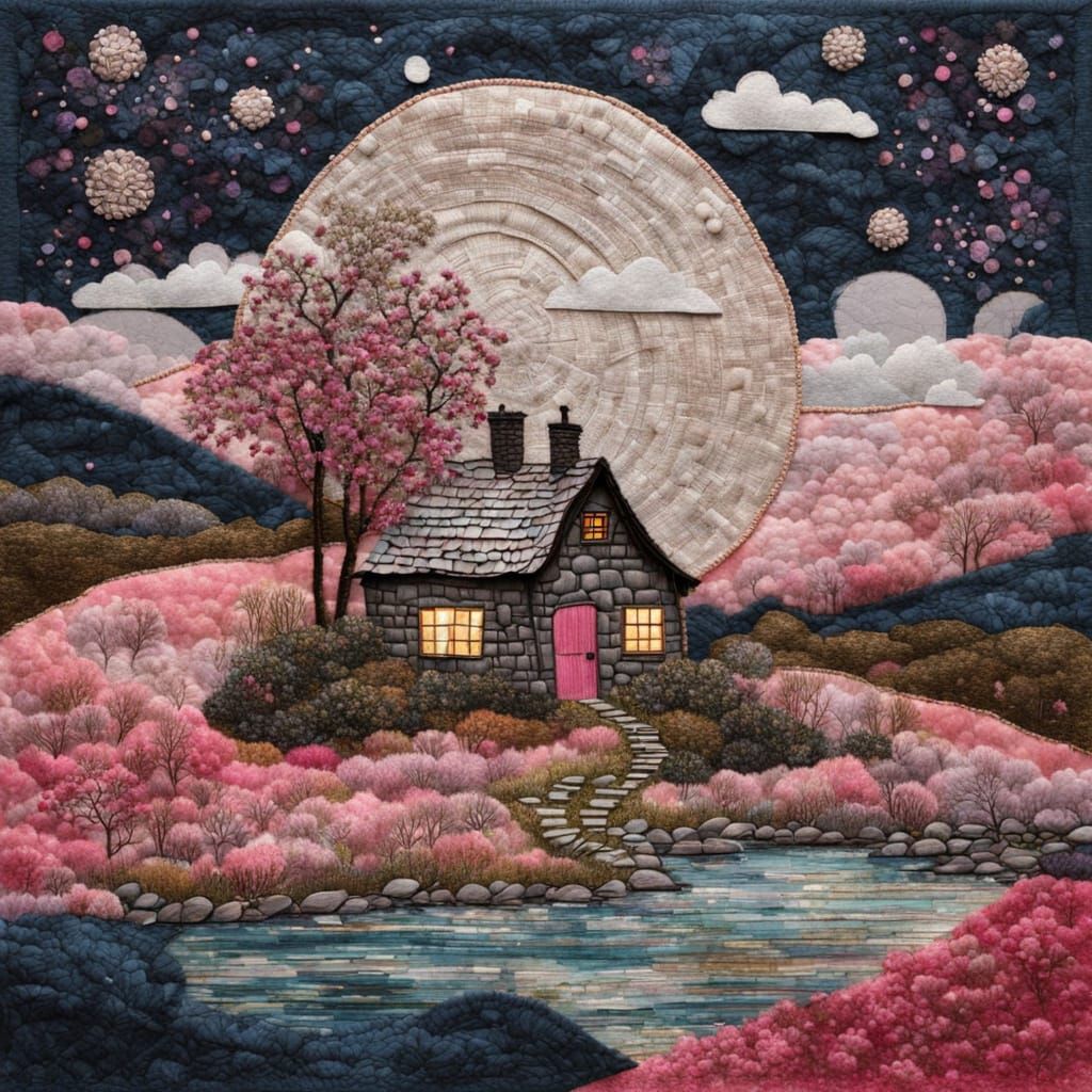 Whimsical Stone Cottage Landscape in Pink Tones