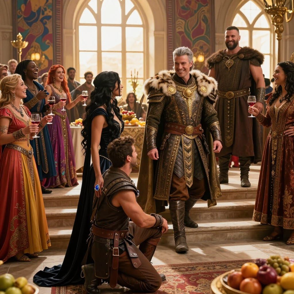 Opulent Great Hall with Golden Hour Sunlight and Regal Figur...