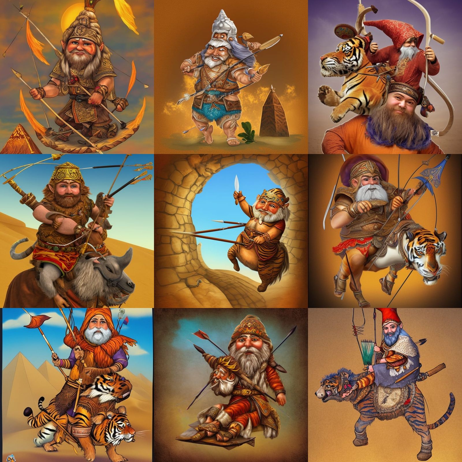 Gnome Archer on Flying Carpet in Desert