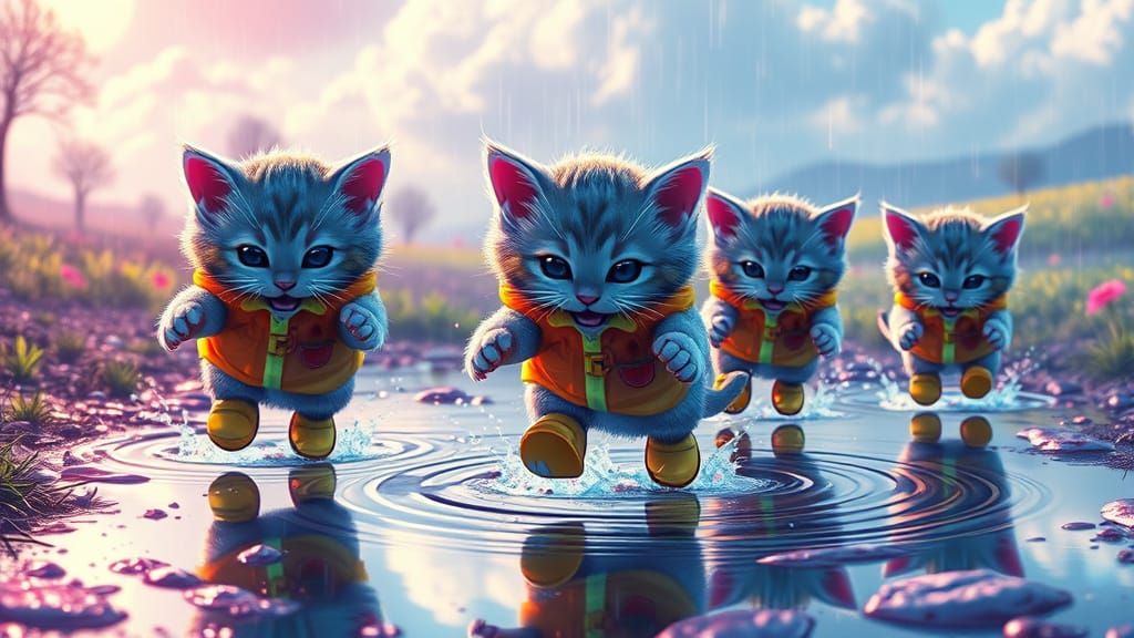 Neon Kittens Play in Rainbow Puddles: Anime Style