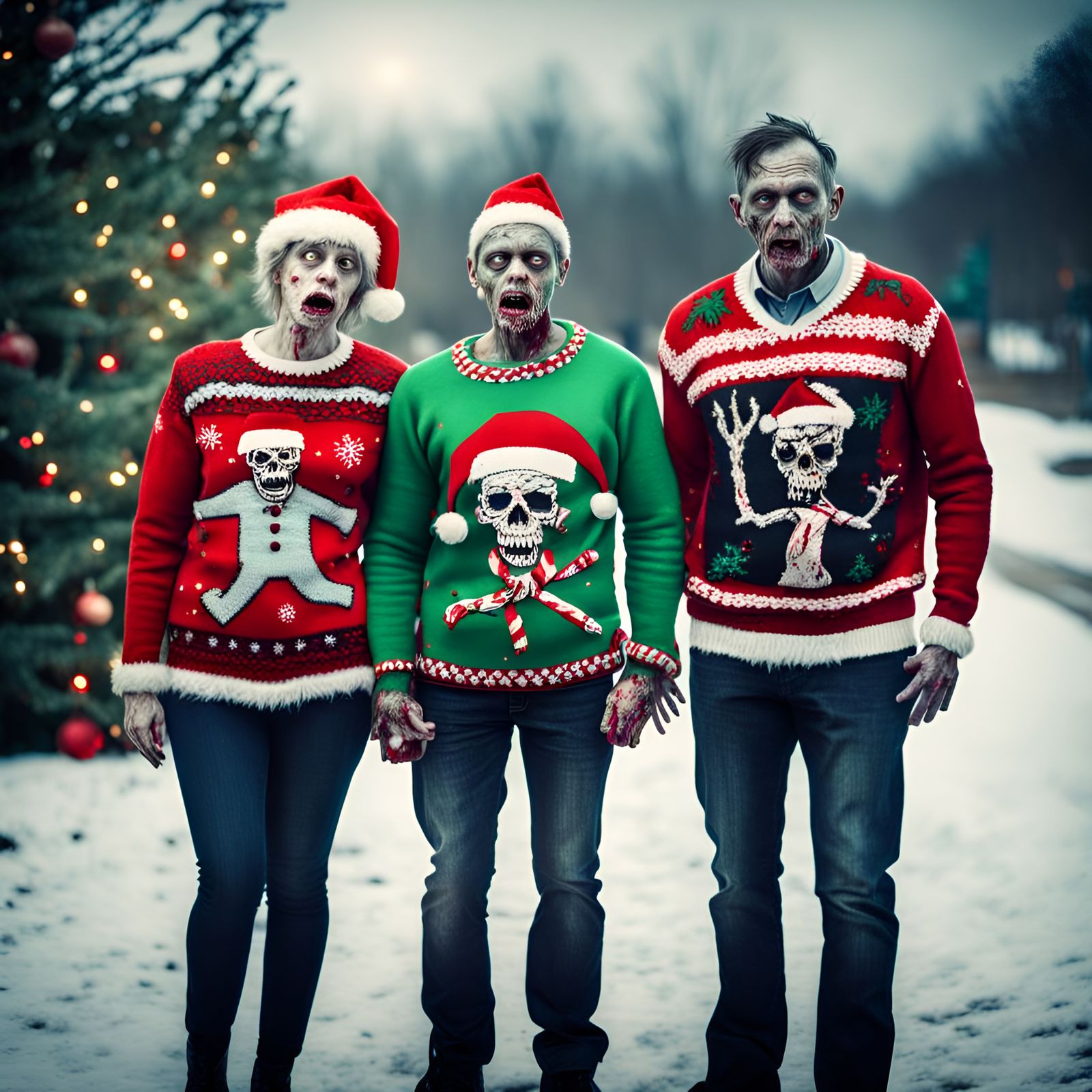 Zombies in Ugly Christmas Sweaters in HDR