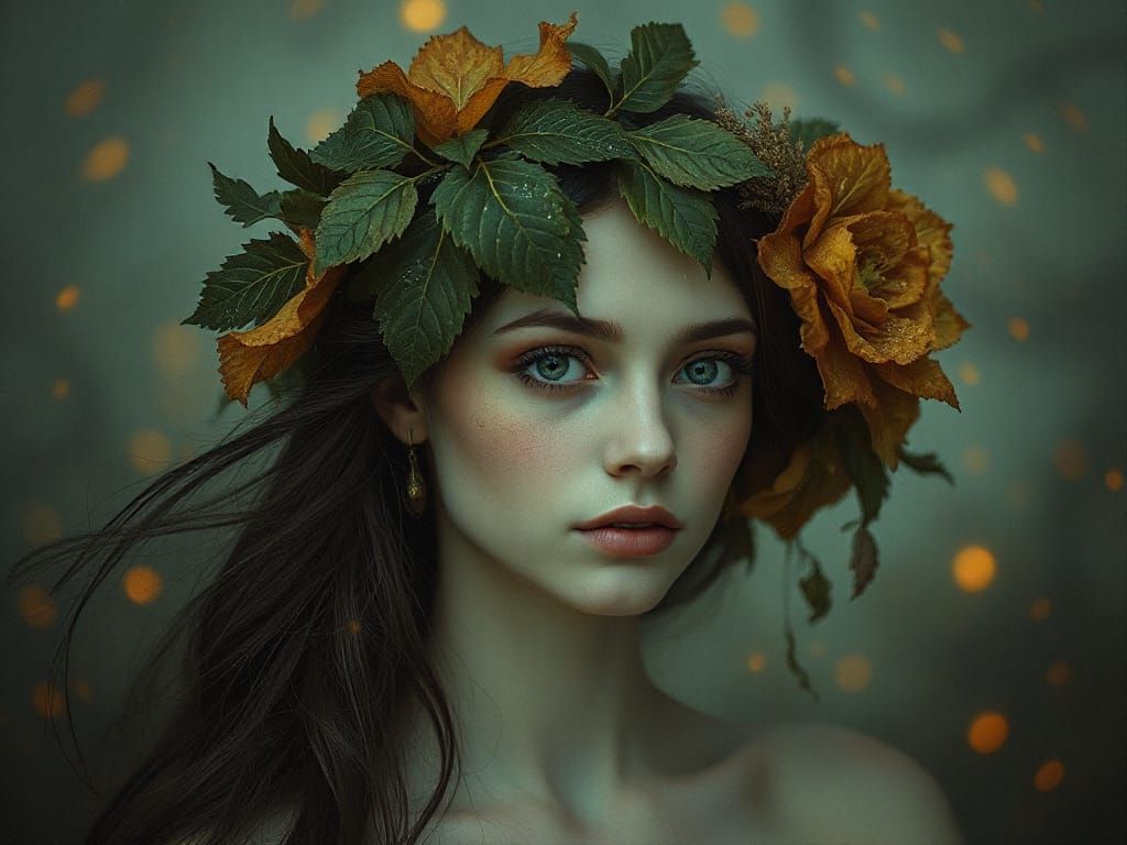 Mysterious Portrait with Leaf Crown in Fantasy Style