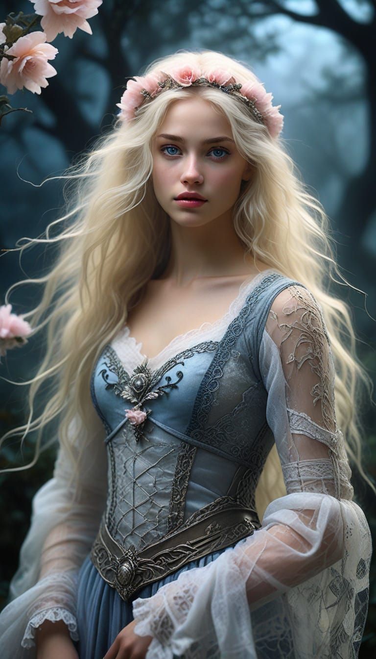 Ethereal Woman in Medieval Attire Basks in Mysterious Nightt...