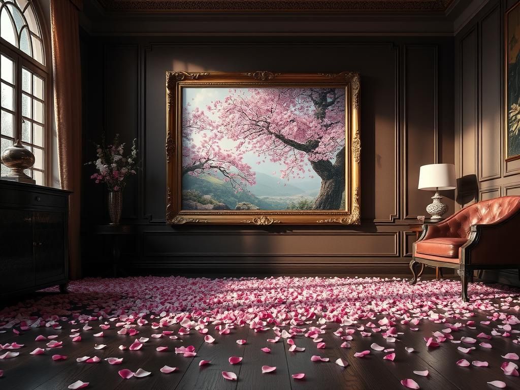 Surreal Cherry Blossom Room with Japanese Garden Painting