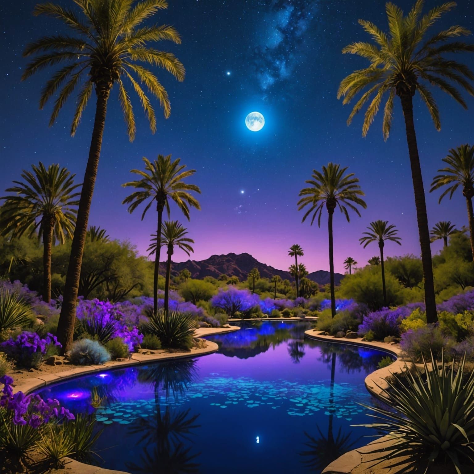 Bioluminescent Desert Oasis Under a Celestial Sky