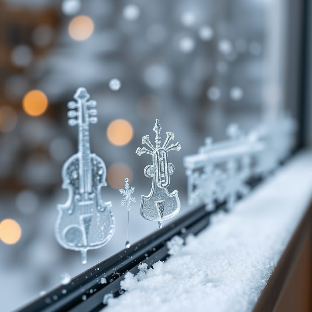 Musical Instrument Snowflakes on Windowsill in Photorealisti...