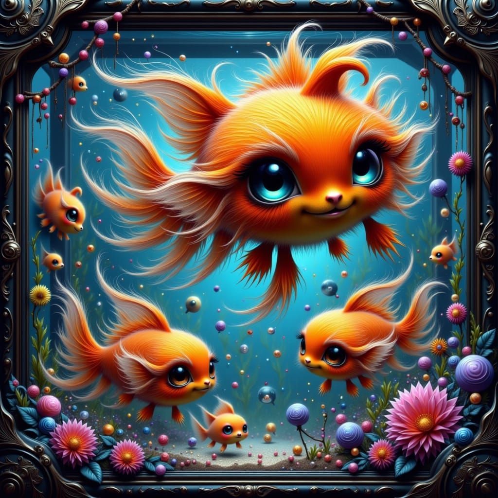 Surreal Aquarium with Furry Orange Fish in Murakami Style