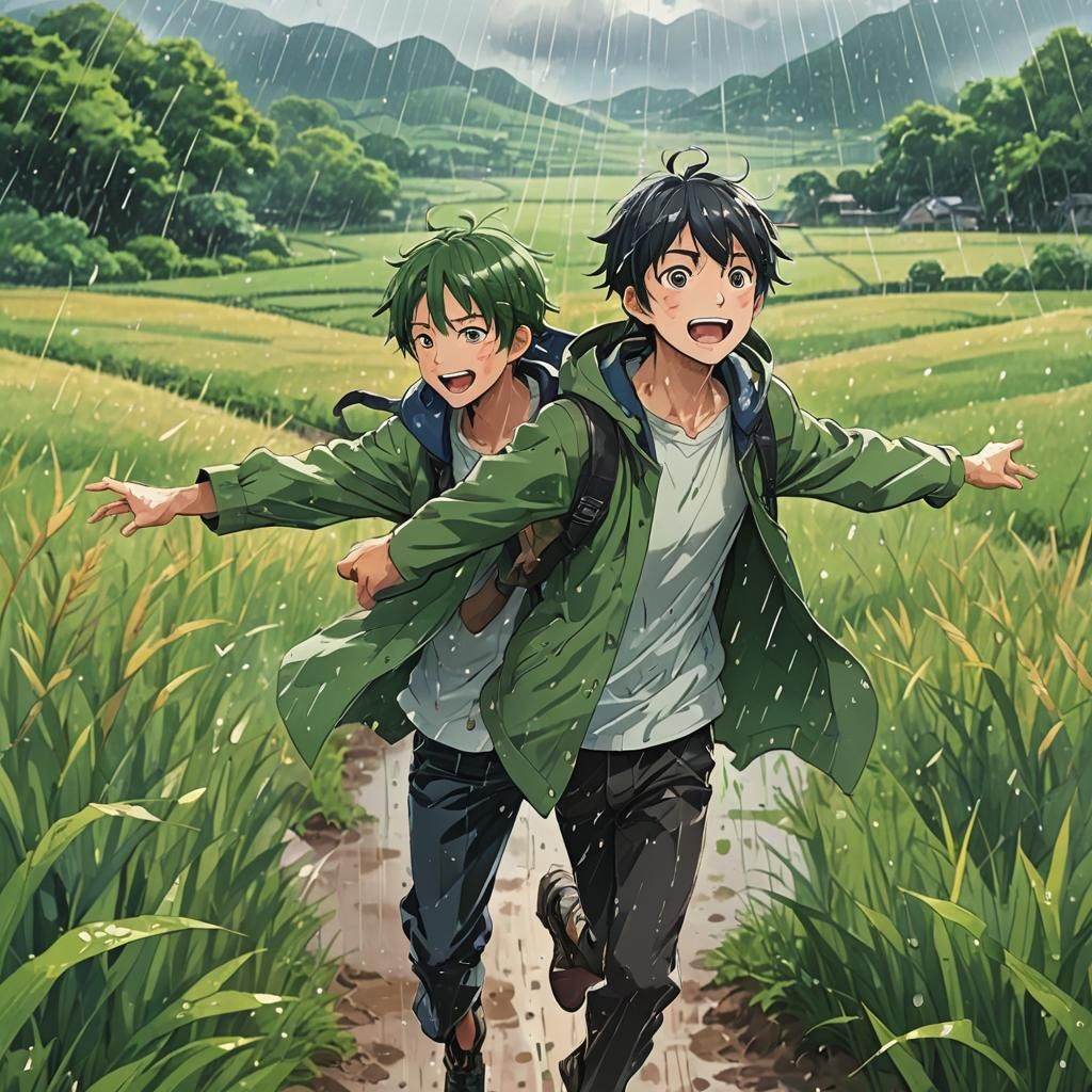 Joyful Anime Man Walking in Rainy Field
