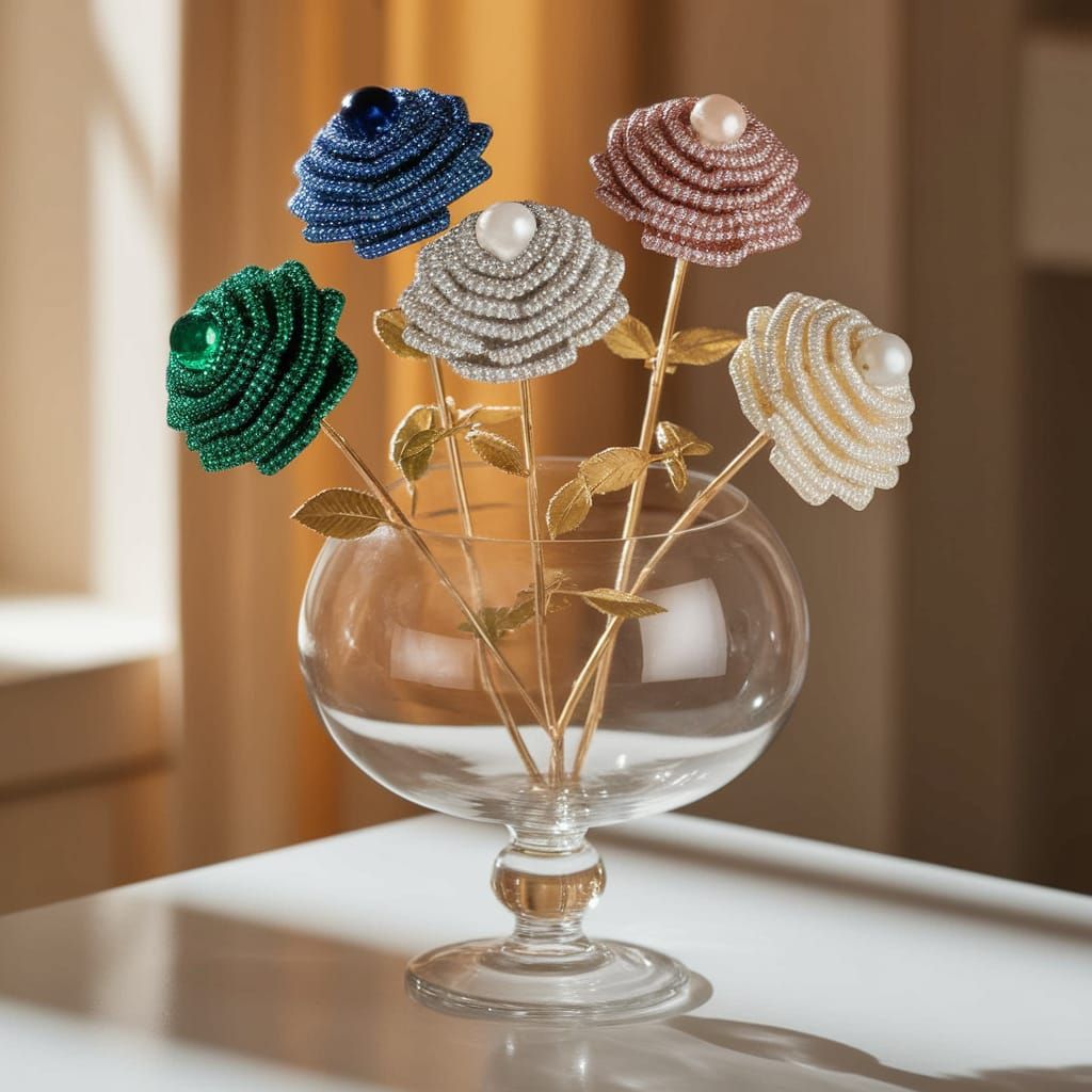 Luxurious Glass Vase Holds Exquisite Gemstone Roses in Warml...