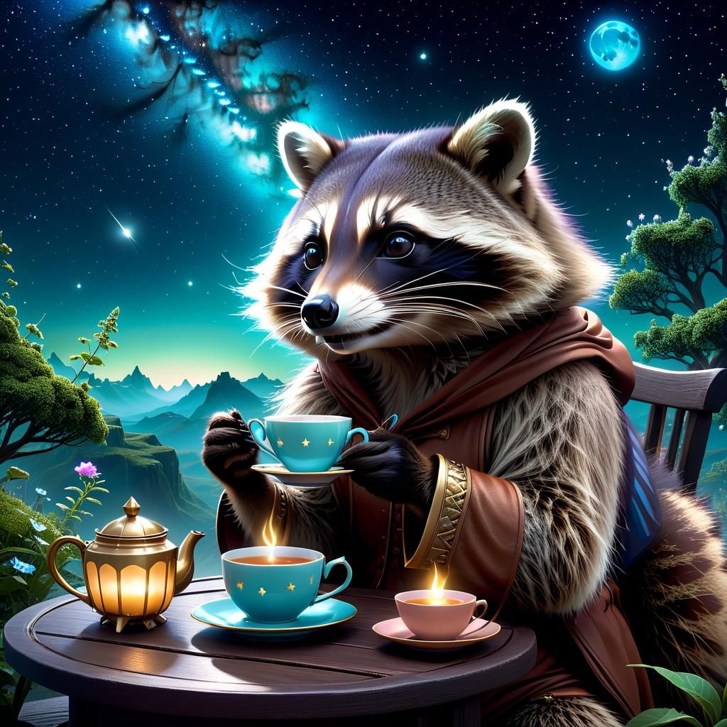 Raccoon's Dreamscape Tea Party: Surreal Matte Painting