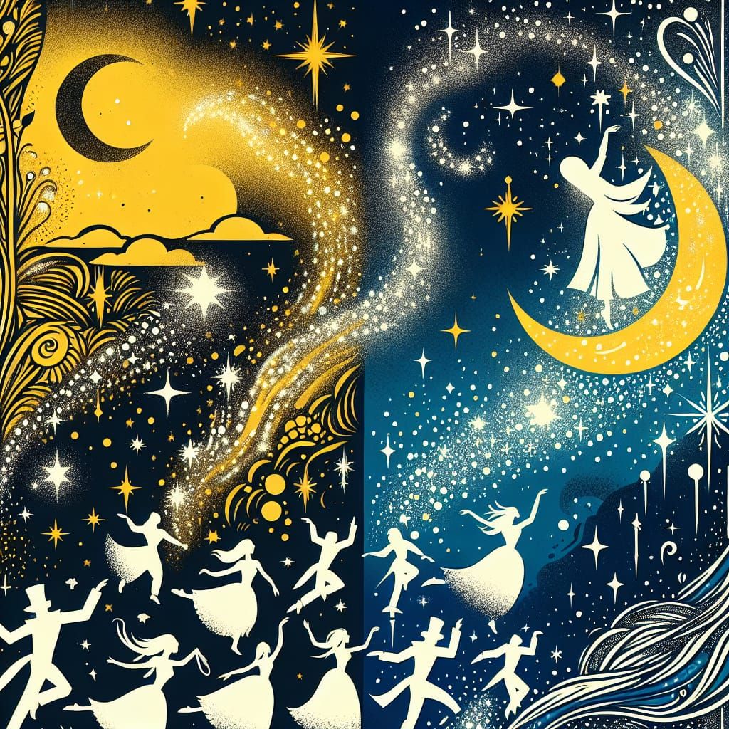 Celestial Dance: A Whimsical Starry Night Illustration