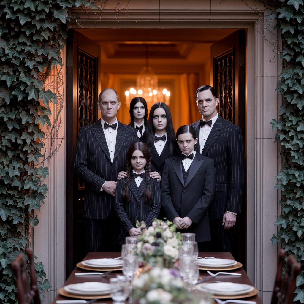 Addams Family Arrives for Dinner in Golden Hour Light