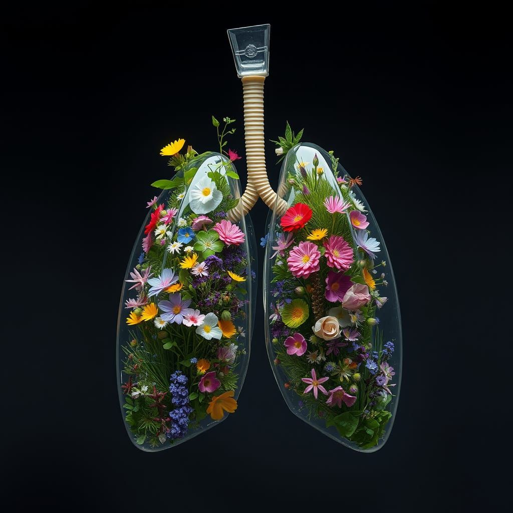 Vibrant Wildflowers Overgrown Glass Lungs in Hyper-Realistic...