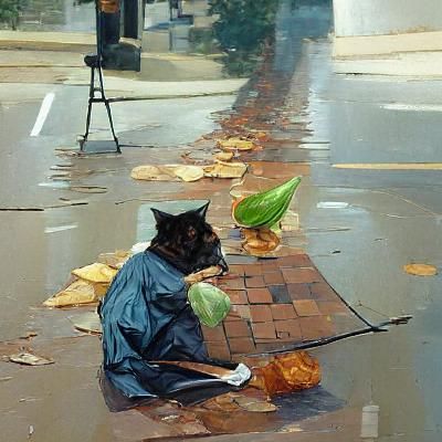 Cat with Leaf Umbrella, Oil Painting