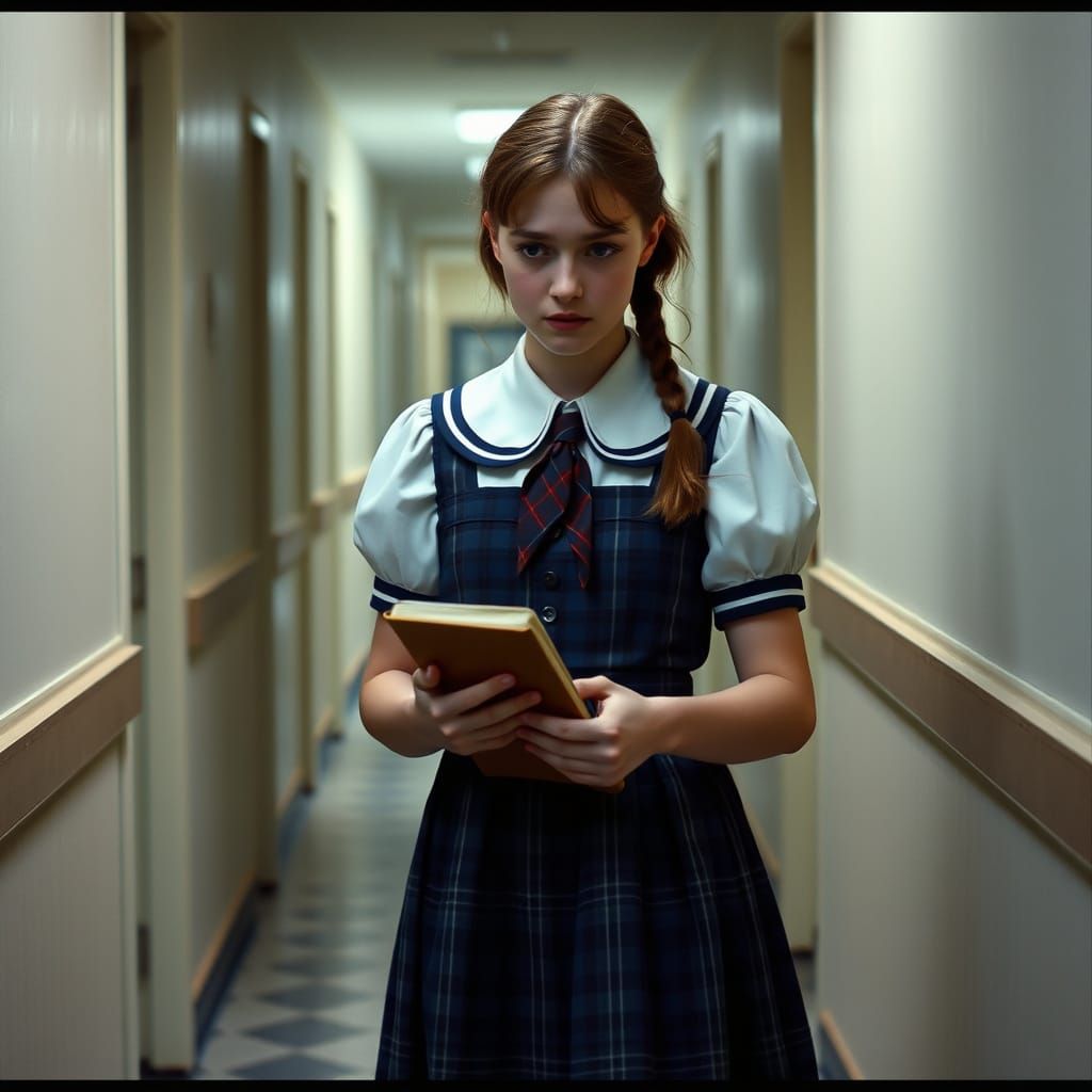 Sad Girl with Journal in Old-Fashioned School Uniform