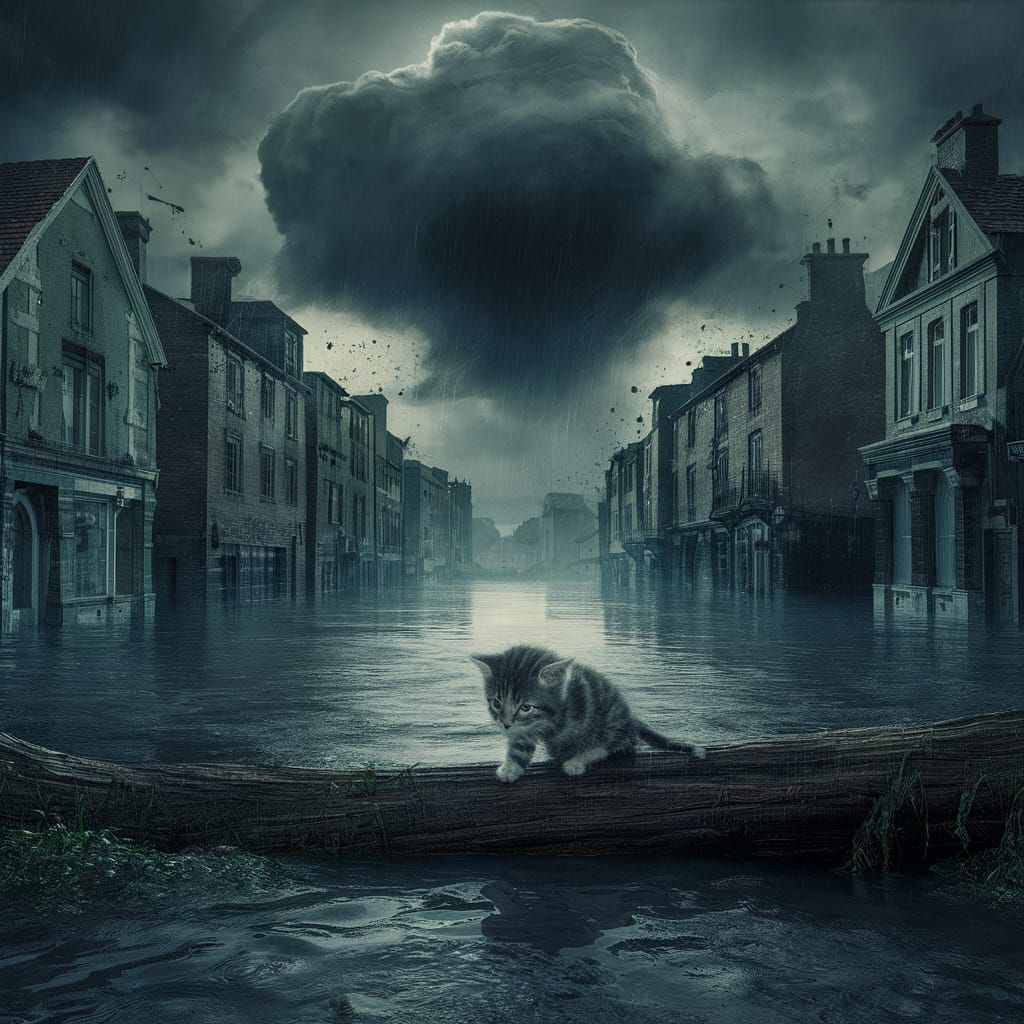 Flooded Town: Desperate Kitten in Digital Matte Painting