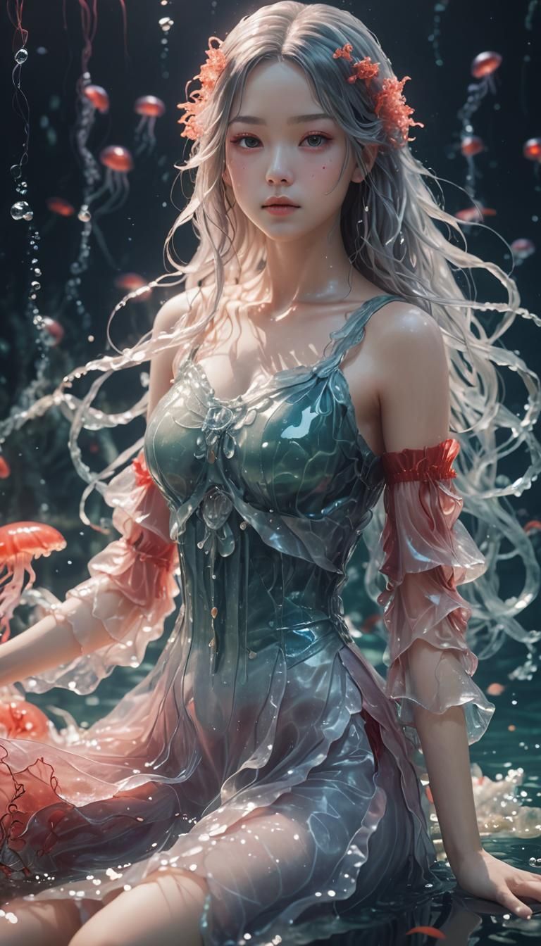 Anime Water Girl in Red Outfit: 3D Render