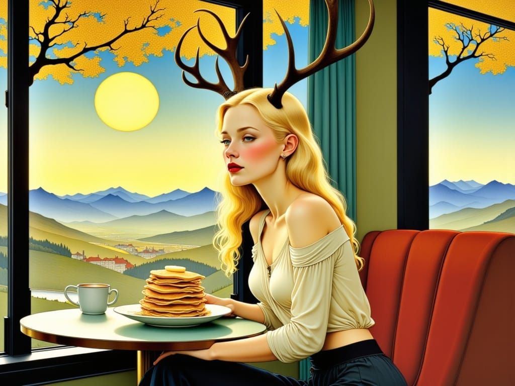 Surreal Café Scene with Blond Woman and Pancakes in Vibrant ...