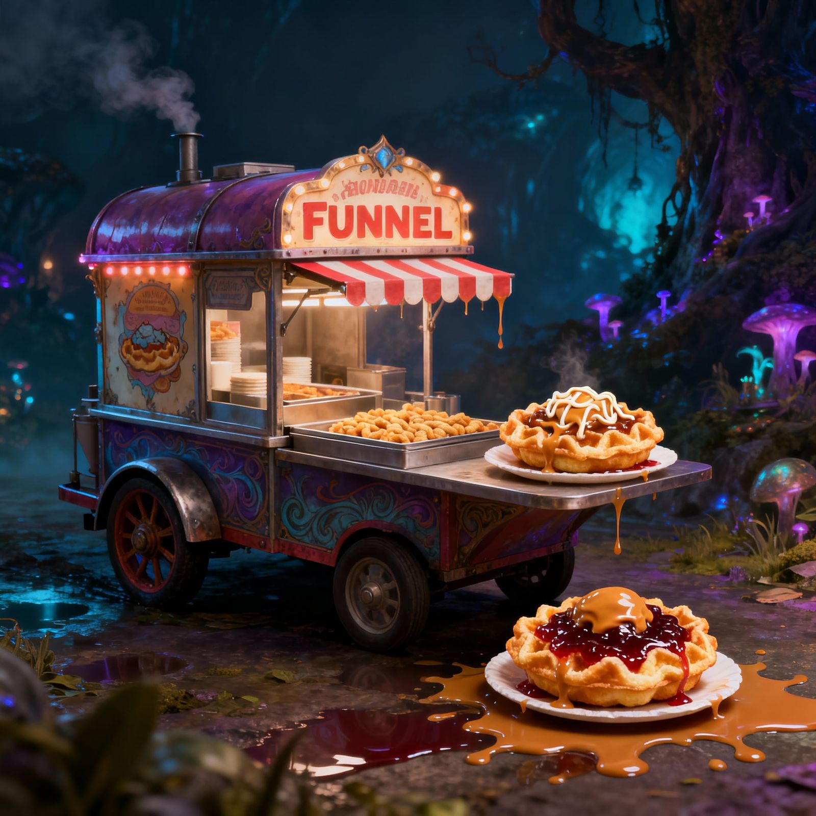 Off to the Funnel Cake trailer. Two small funnel cakes, peanut butter on one, jelly on the other please.