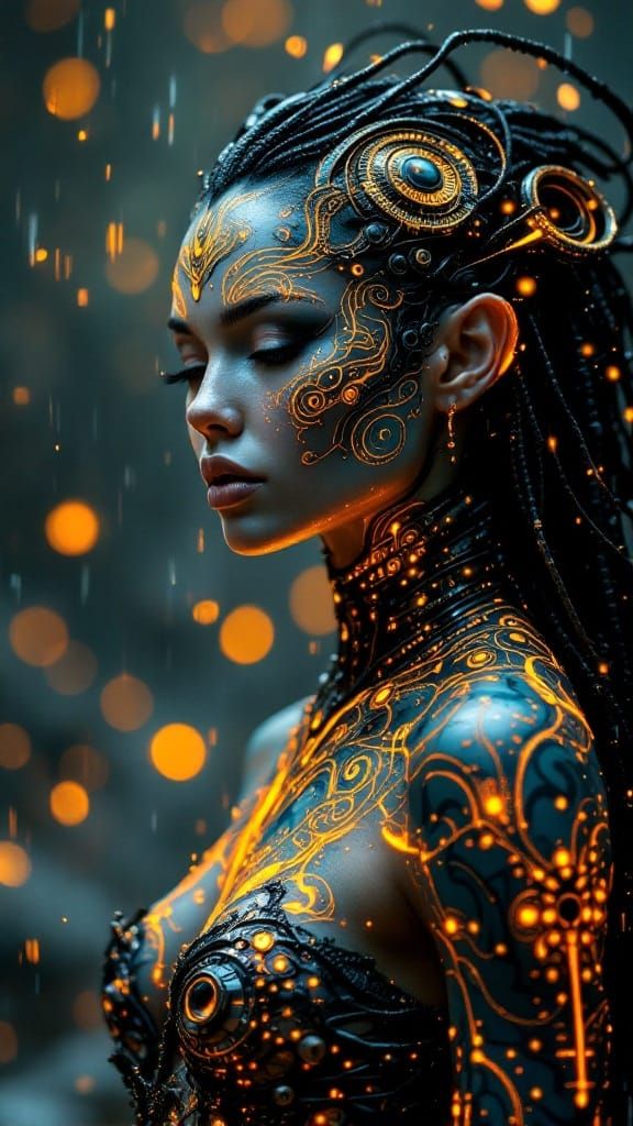 Ethereal Warrior Goddess in Biomechanical Tribal Art