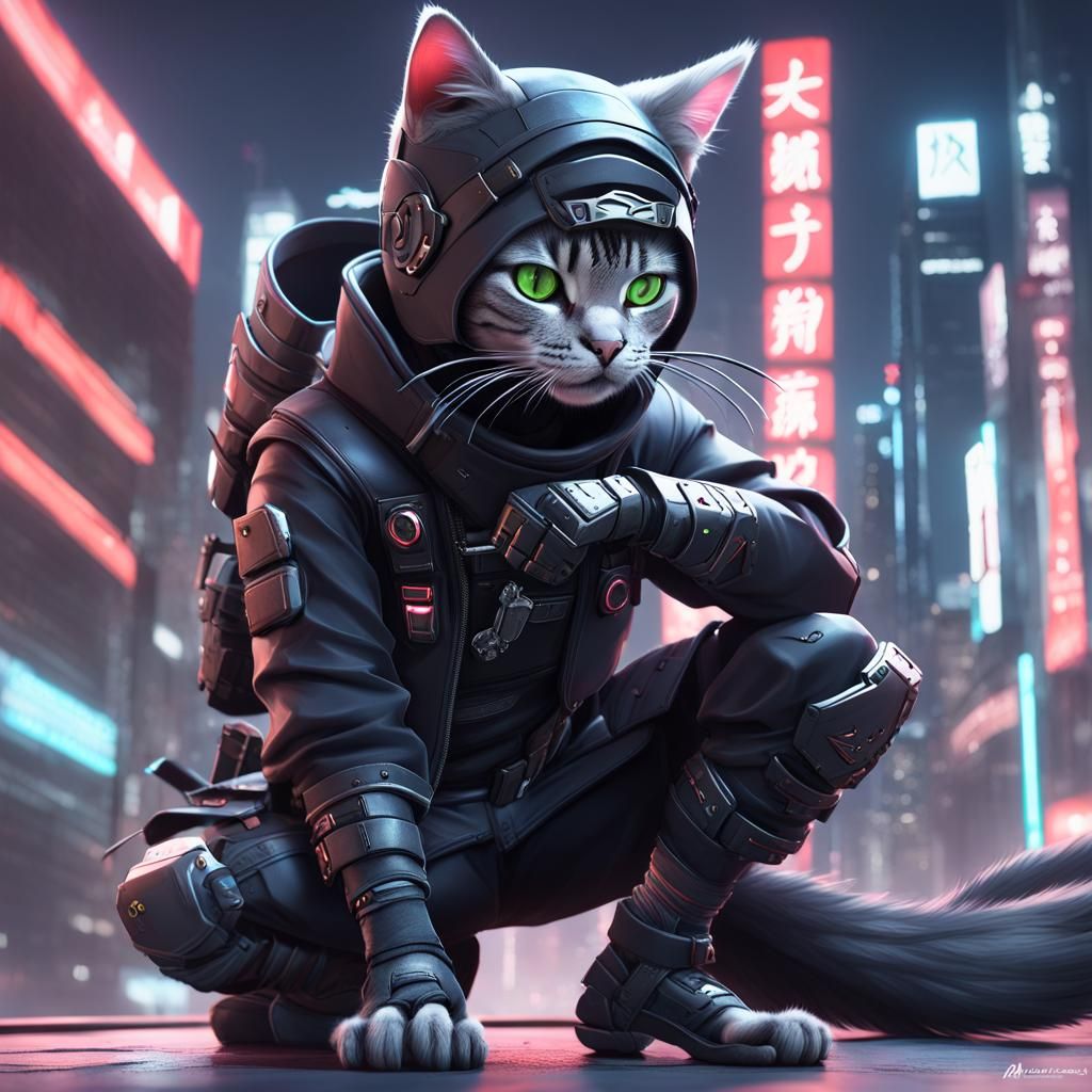 Cyberpunk Cat Ninja in 3D Anime Art