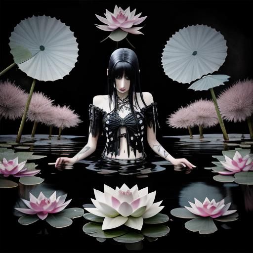 Goth girl swimming in lotus pond, photorealistic