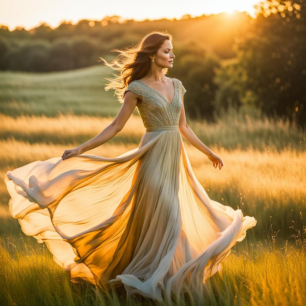 Woman Dancing in Meadow at Sunset, Watercolor Style