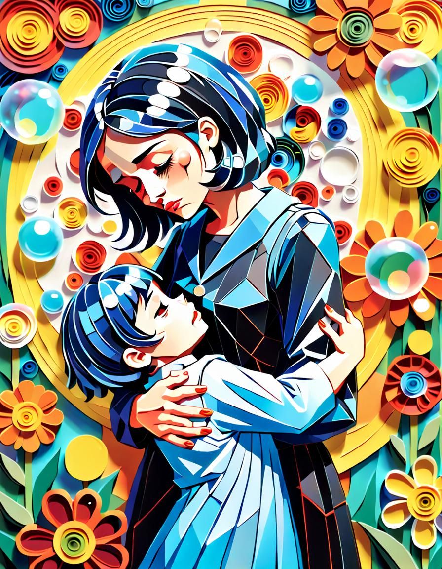 Emotional Mother and Child Embrace in Cubist Style