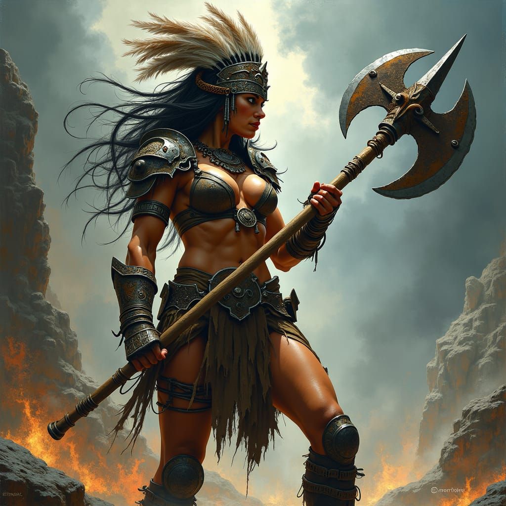 Tribal Warrior Woman with Battle-Axe in Fantasy Art Style