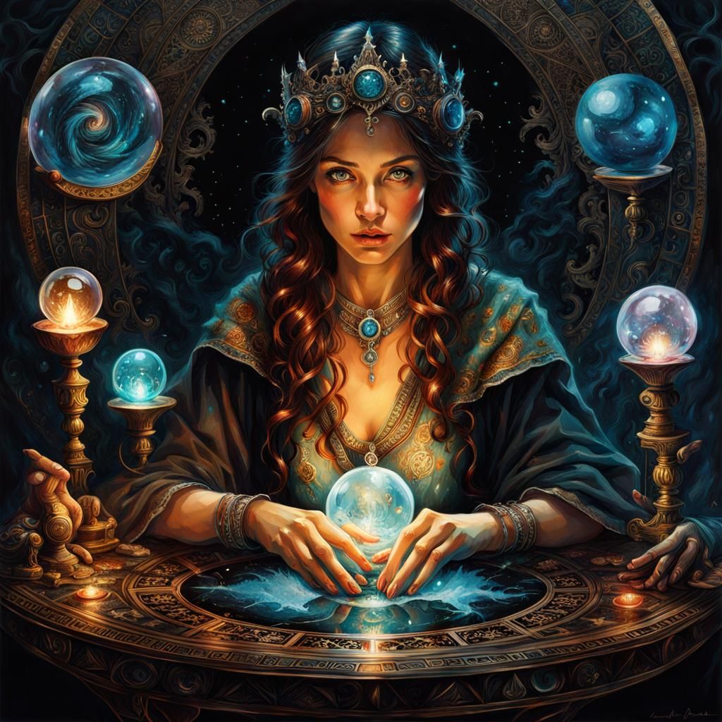 Intricate Sorceress at Obsidian Table, Detailed Digital Art
