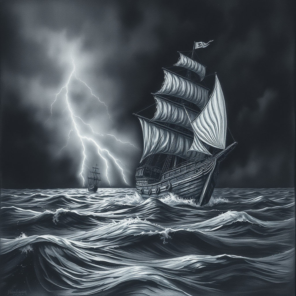 Ominous Pirate Ship at Sea in Charcoal Style