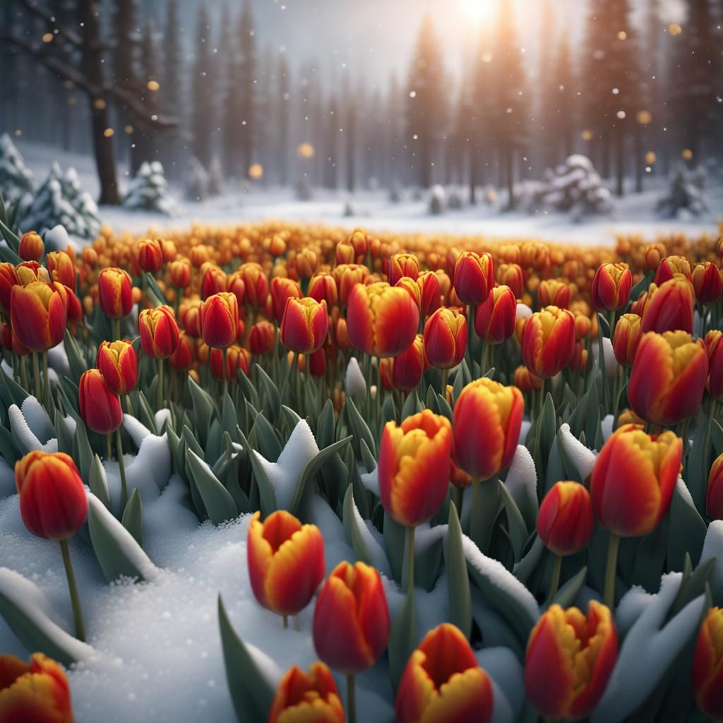 Vivid Tulips Emerge from Snow, Detailed Art