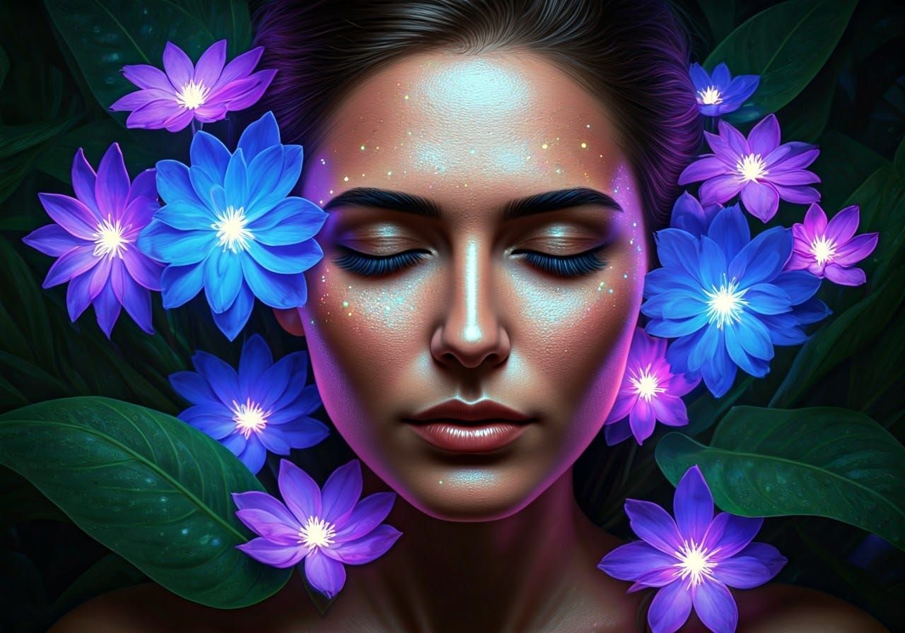 Serene Woman Surrounded by Celestial Flowers in a Dreamlike ...