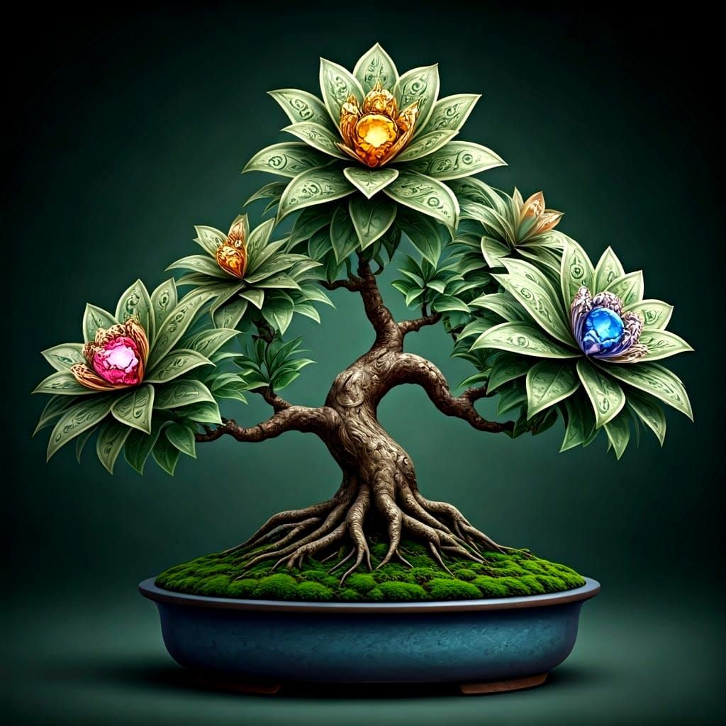 Luxurious Bonsai Tree with Dollar Bill Leaves and Gemstone F...