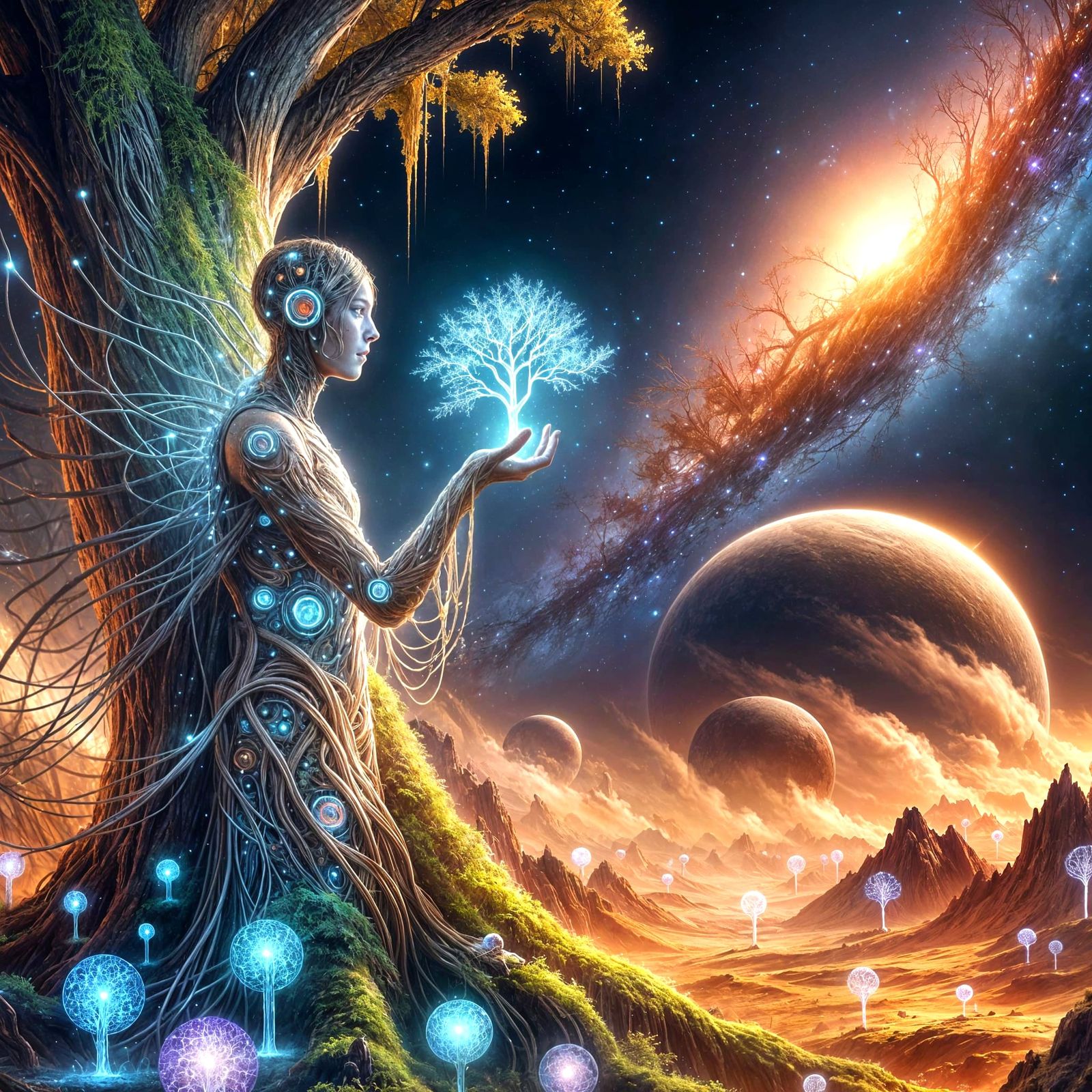 AI Druid Tending Crystalline Trees on Nebula Planet