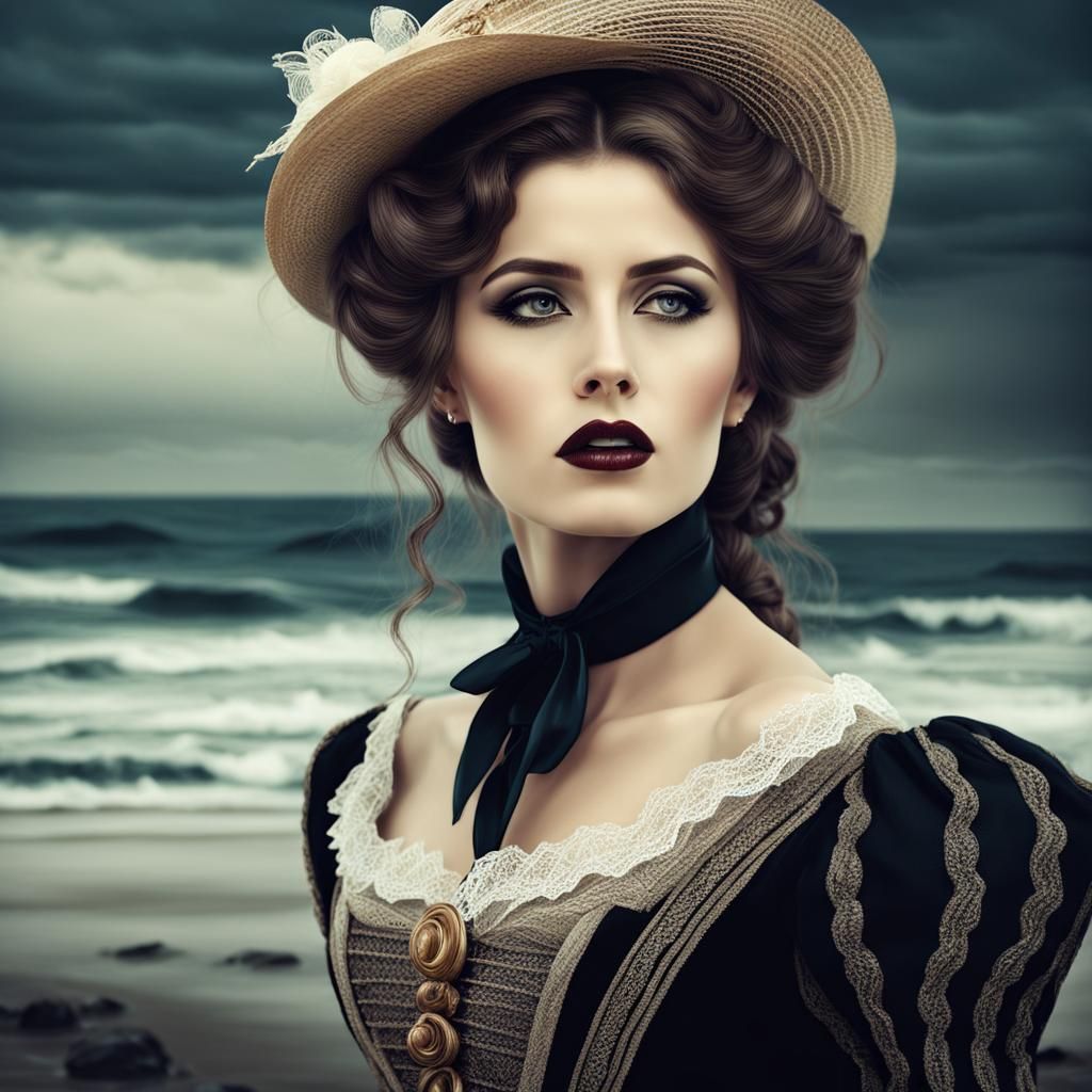 Victorian Woman in Bleak Coastal Digital Art