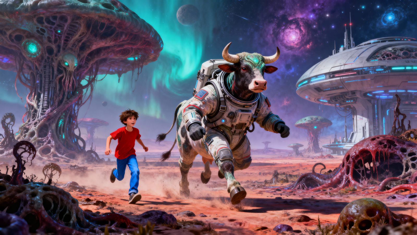 Alien Bovine Chases Human Child on Otherworldly Planet