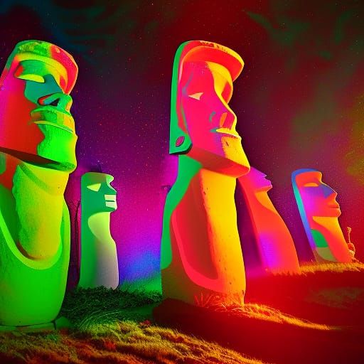 Psychedelic Neon Easter Island with Volumetric Lighting