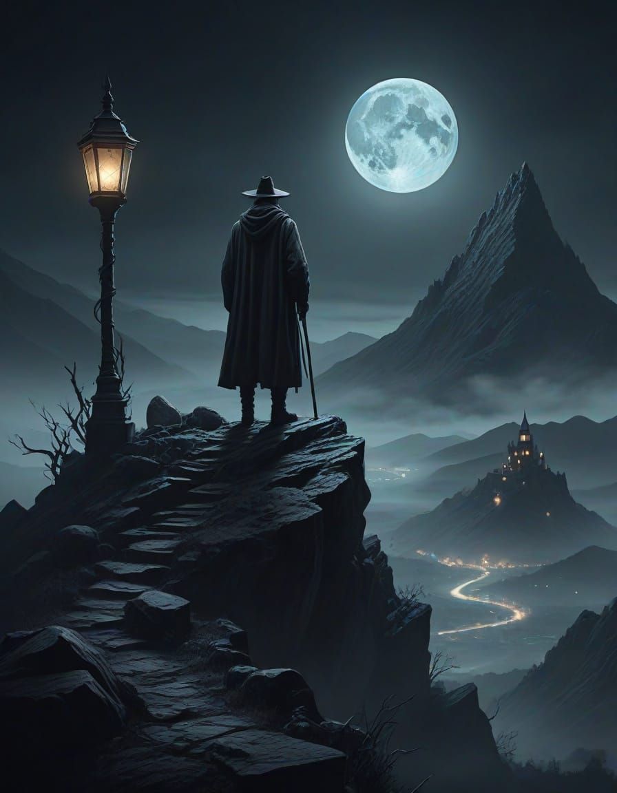 Eerie Hermit on Misty Peak in Dark Fantasy Style