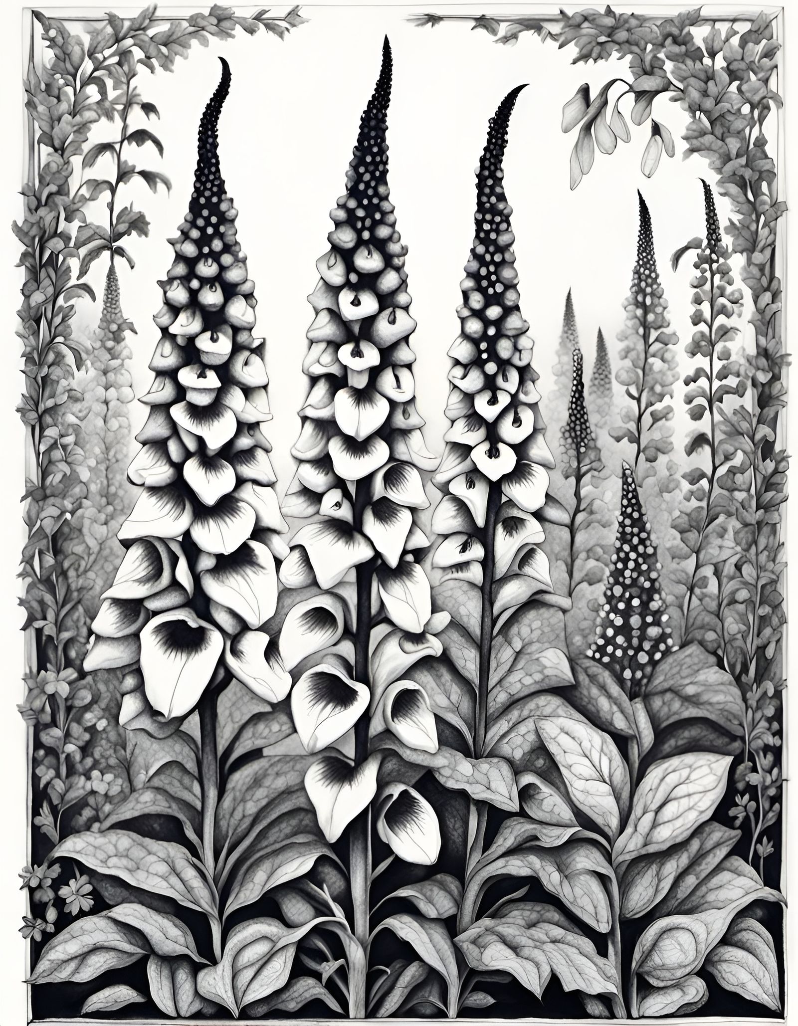 Detailed Black Ink Drawing of Foxglove Plant