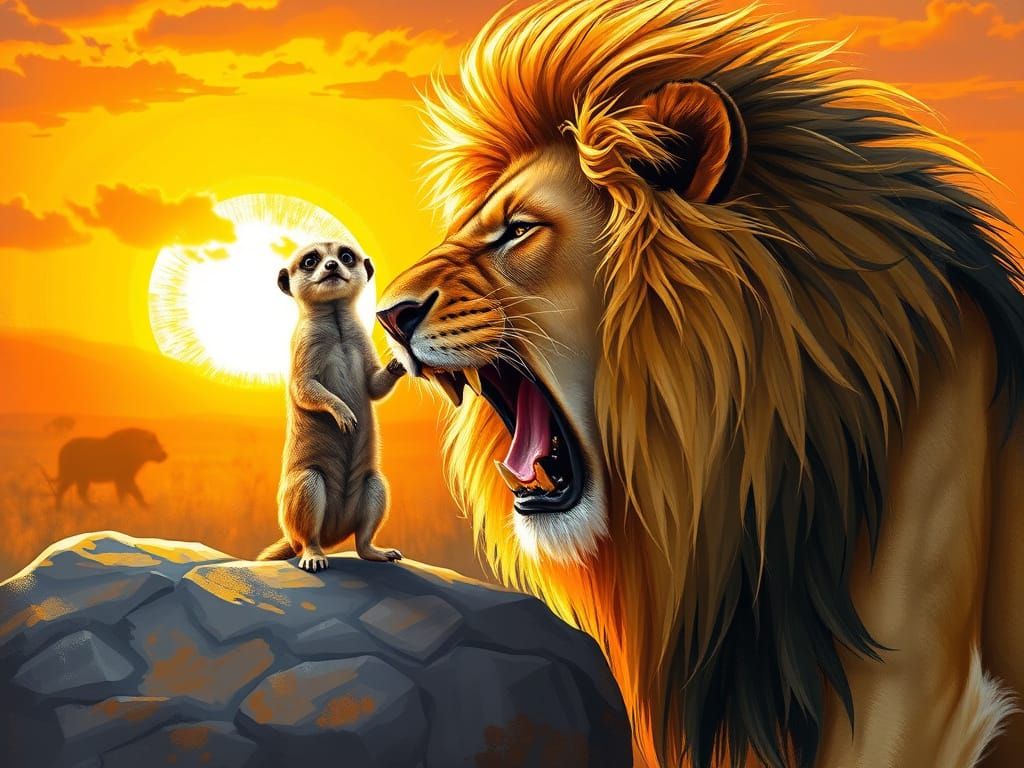 Lion's Roar Interrupted by Mischievous Meerkat in Sunset Sav...