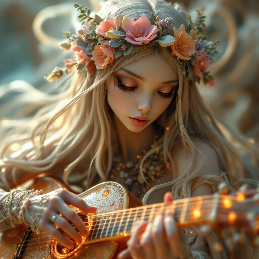 Mystical Alien Woman Portrait with Glowing Guitar