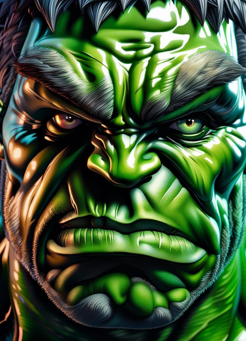 Iridescent Hulk on Feather Bed: Hyperrealistic Art